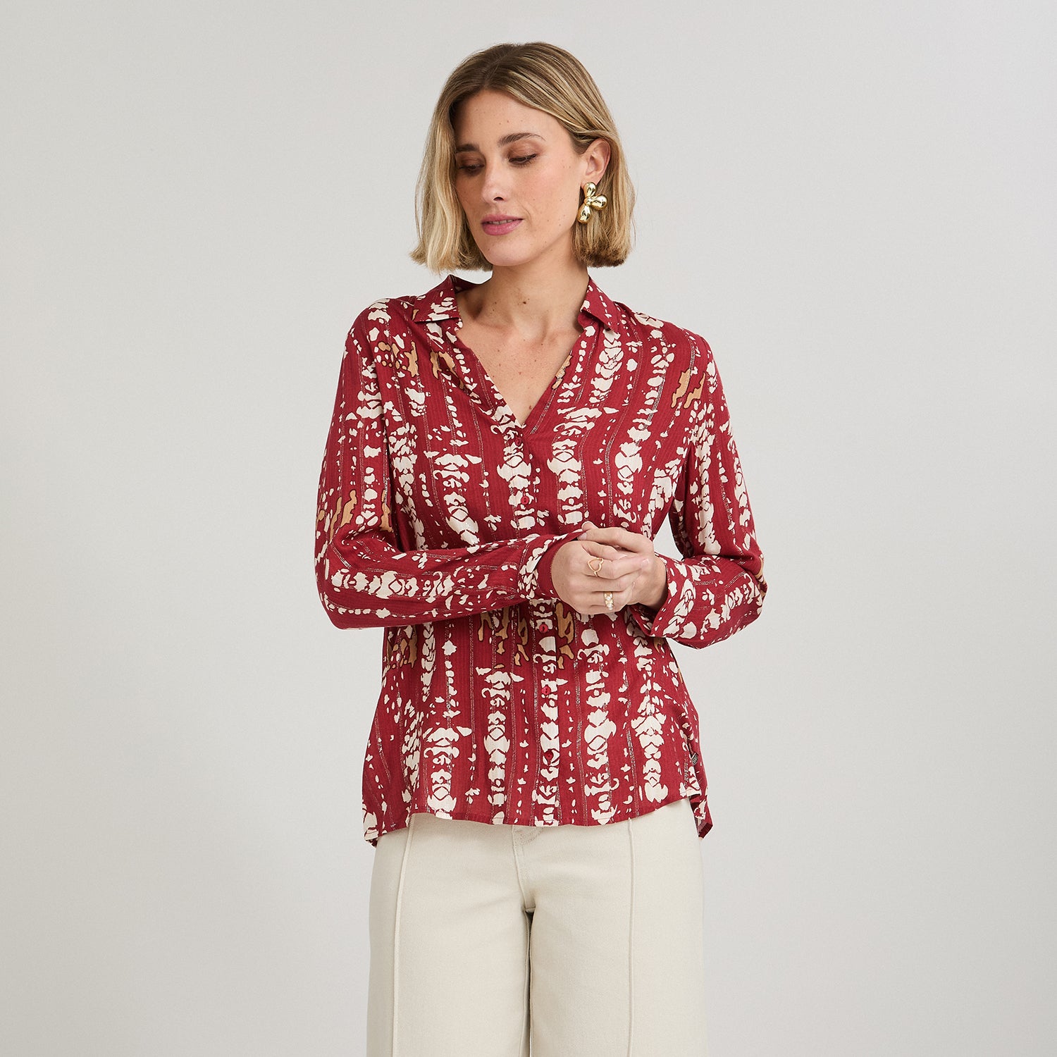 Blusa Manga Larga Print con Lurex Terracota